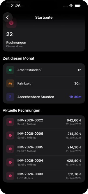 ServiceLab Startseite — 22 Rechnungen diesen Monat, Zeiterfassung und aktuelle Rechnungen