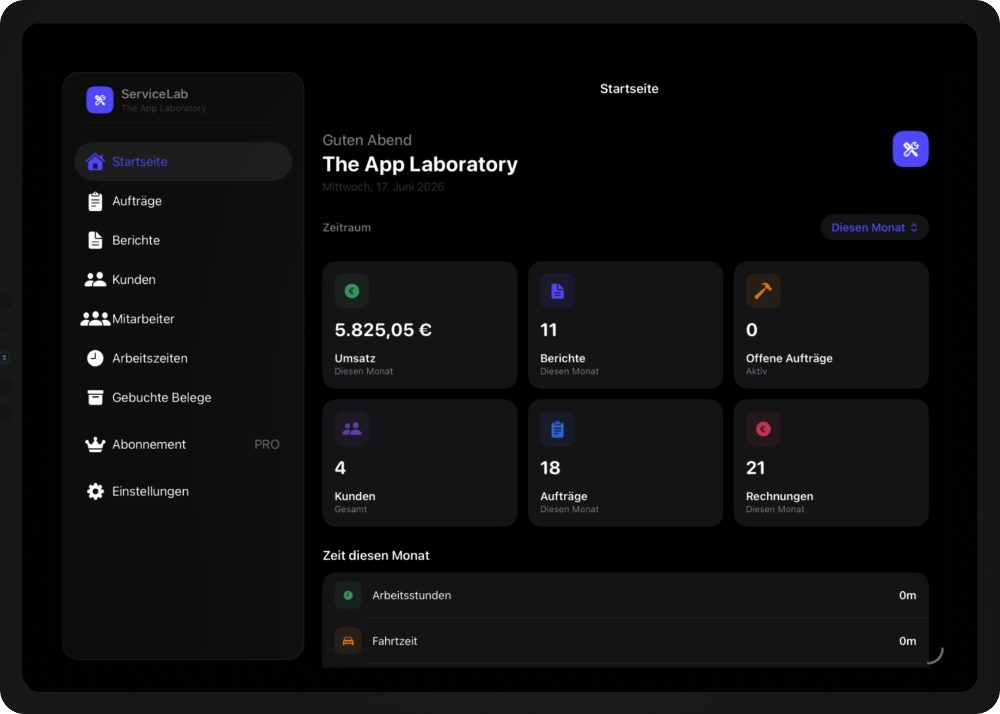 ServiceLab Startseite — Dashboard mit Umsatz, Aufträgen und Rechnungen