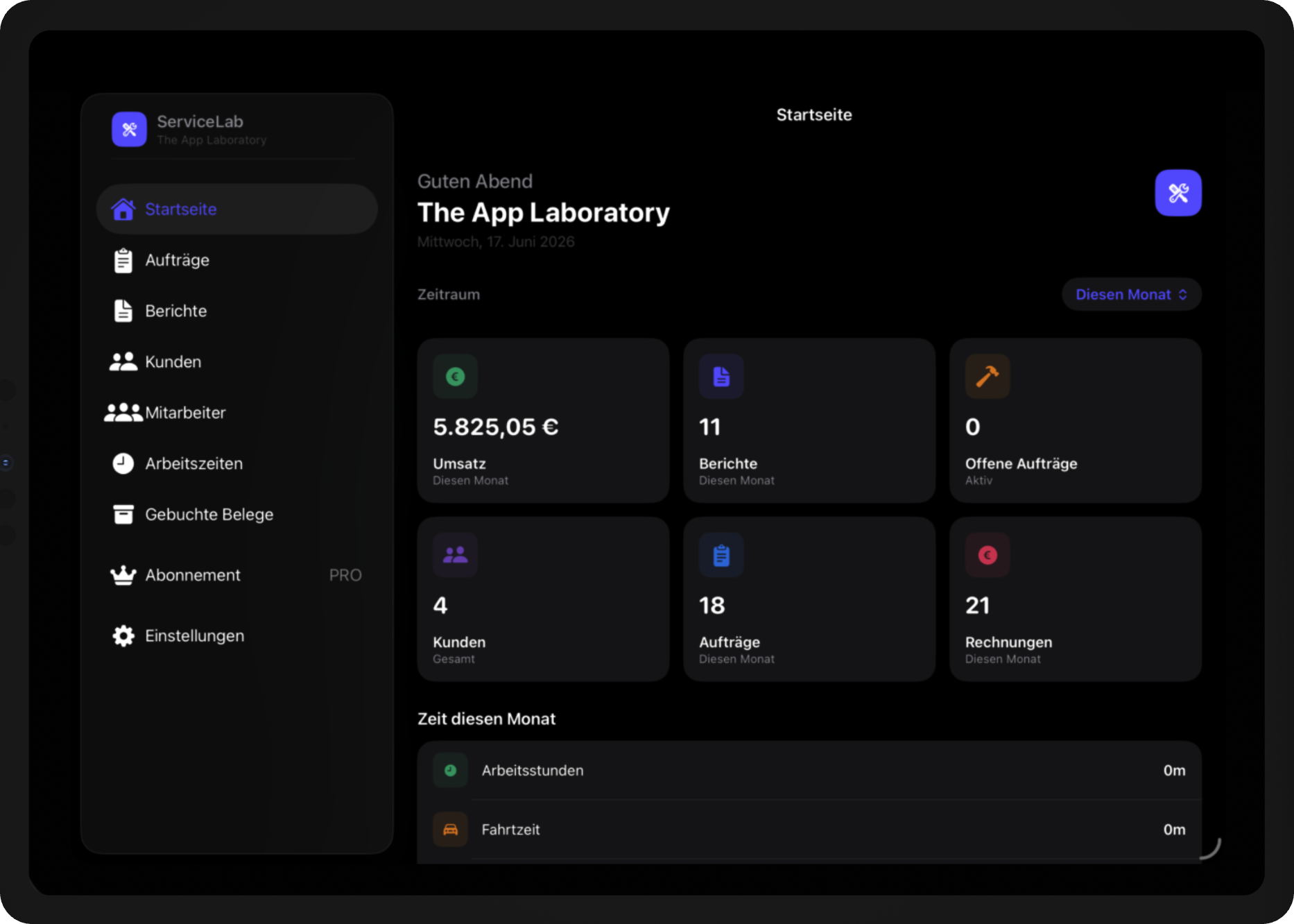 ServiceLab Dashboard auf dem iPad