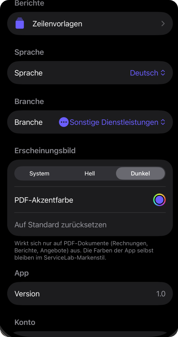 ServiceLab Einstellungen — Branche, Sprache und PDF-Akzentfarbe